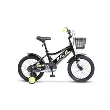 Bicicleta Copii 3-5 ani Rich R1405A, Roti 14 Inch, Frana fata V-Brake, Frana Spate Tambur, Roti Ajutatoare, Negru/Verde