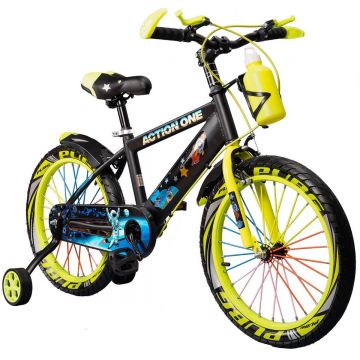 Bicicleta cu roti ajutatoare si bidon pentru apa Kiddo II, Action One, 12 inch, Verde Neon