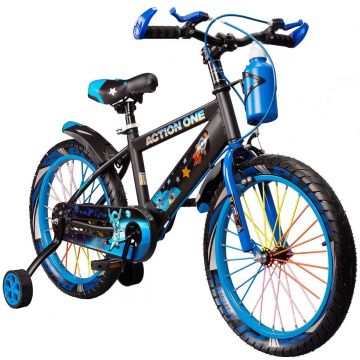 Bicicleta cu roti ajutatoare si bidon pentru apa Nova II, Action One, 18 inch, Albastru