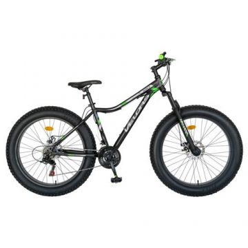 Bicicleta Fat-Bike Wolf Velors V2605D, Schimbator Shimano Tourney 21 Viteze, Roti 26 Inch, Frane pe Disc, Negru/Alb/Verde