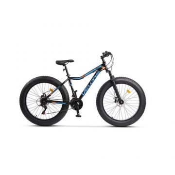 Bicicleta Fat-Bike Wolf Velors V2605D, Schimbator Shimano Tourney 21 Viteze, Roti 26 Inch, Frane pe Disc, Negru/Portocaliu/Albastru