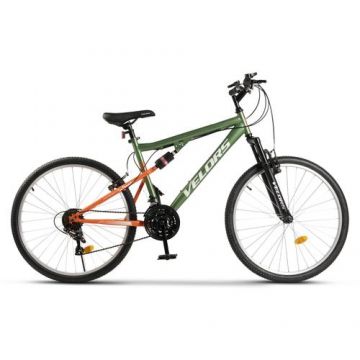 Bicicleta MTB-FS Velors Thunder V26305B 26inch, Schimbator spate Sunrun 7 viteze, Manete schimbator Rotative 21 viteze, Cadru full-suspension otel, Roti 26 inch, Frane V-Brake, Verde/Portocaliu