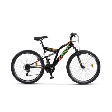Bicicleta MTB-Full Suspension Rich R2649A, Sunrun 21 Viteze, Roti 26 Inch, Frane V-Brake, (Negru/Verde/Portocaliu)