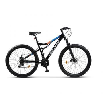 Bicicleta MTB-Full Suspension Velors V27304A, Shimbator Index M50,21 Viteze, Roti 27.5 x 3.0 Inch, Frane pe Disc, Negru/Alb/Portocaliu