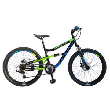 Bicicleta Mtb Polar Flash Full Suspension, 26 inch, Negru-Albastru-Verde