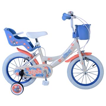 Bicicleta pentru fete Disney Stitch, 14 inch, culoare crem/coral, frana de mana fata si spate