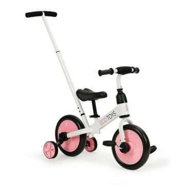 Bicicleta 3in1 Ecotoys Balance, roti ajutatoare detasabile, maner de control parental detasabil, bicleta de echilibru, sarcina maxima 30 kg, Alb/Roz