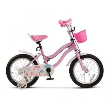 Bicicleta copii 2-4 ani Rich Baby R1208A, roti 12inch, Sistem franare C-Brake, roti ajutatoare (Roz/Alb)
