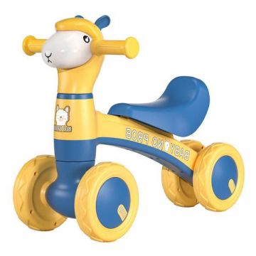 Bicicleta cu 4 Roti fara Pedale Oita Teno®, structura stabila, cap luminos, functie cu muzica, lansator de baloane incorporat, 80 x 58 x 51 cm, 1 - 3 ani, albastru/galben