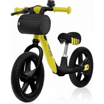 Bicicleta fara pedale, Lionelo, Arie, Usoara, Cu claxon, Saculet pentru depozitare, Cu ghidon si sa reglabile, Greutate 3.7 Kg, Roti din spuma Eva, 12 inch, Conform cu standardul european de securitate EN71, Galben