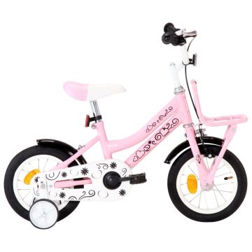 vidaXL Bicicletă copii cu suport frontal, alb și roz, 12 inci