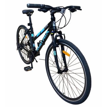 Bicicleta 700c hibrid 28 inch, munte, oras, 21 viteze shimano, v-brake, cadru aluminiu, suspensii pe furca,  roti cu elemente reflectorizante, cric inclus Bicicleta 700c hibrid 28 inch, munte, oras, 21 viteze shimano, v-brake, cadru aluminiu, suspensii pe furca,  roti cu elemente reflectorizante, cric inclus