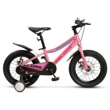 Bicicleta Copii 4-6 ani Velors V16345A, roti 16inch, Sistem franare pe disc, cadru otel,  Roz/Albastru