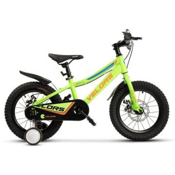 Bicicleta Copii 4-6 ani Velors V16345A, roti 16inch, Sistem franare pe disc, cadru otel, Verde/Portocaliu