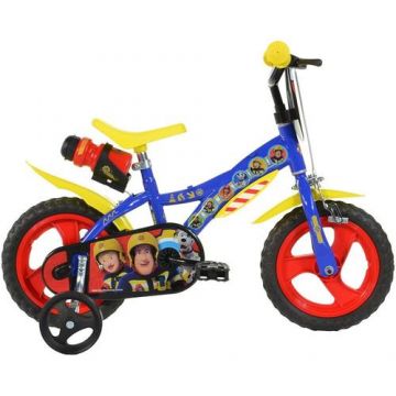 Bicicleta copii  DINO BIKES Pompierul Sam la plimbare, roti 12inch, roti ajutatoare, Albastru/Rosu