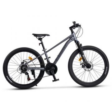 Bicicleta copii MTB-HT Carpat Pro Teen C24472A 24inch, Cadru Aluminiu, 21 Viteze, Echipare Shimano, Frane Disc Mecanice, Cabluri Integrate, Gri/Negru