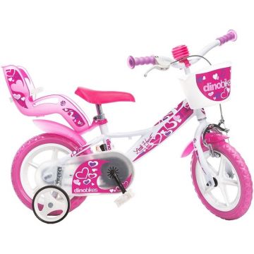 Bicicleta cu pedale, Dino Bikes, Inimioare, Cu roti ajutatoare, Cu cosulet frontal, Cu scaunel pentru papusa, 12 inch, Pana la 40 kg, 3 ani+, Multicolor, Resigilat