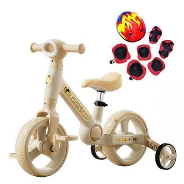 Bicicleta cu roti ajutatoare 2-4 ani, Crem, 10 inch, 2 in 1 Transformabila fara pedale, Echipament protectie, Lanterna
