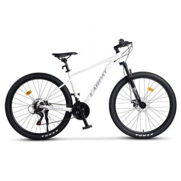 Bicicleta MTB-HT Carpat Pro Teen C27472A 27.5inch, Cadru Aluminiu, 21 Viteze, Echipare Shimano, Frane Disc Mecanice, Cabluri Integrate, Alb/Gri