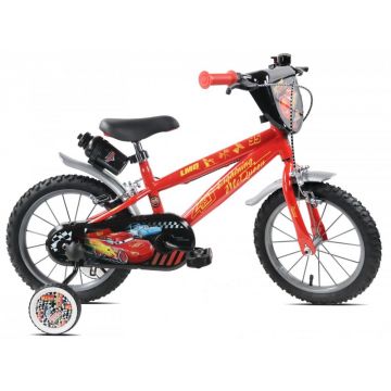 Bicicleta pentru copii Denver Disney Cars 14 inch, frana de mana pe ambele roti, claxon, sticla de apa, aparatoare noroi fata si spate, spite metalice, roti gonflabile