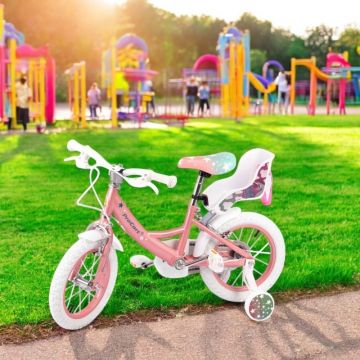 Bicicleta pentru copii Procart Unicorn Roz 14 inch, roti ajutatoare, scaun papusi, frane v-brake, aparatoare lant Bicicleta pentru copii Procart Unicorn Roz 14 inch, roti ajutatoare, scaun papusi, frane v-brake, aparatoare lant