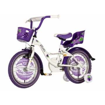 Bicicleta pentru copii Visitor Mov Blackberry, roti 16 inch, roti ajutatoare, scaun papusi, cos frontal, manere cauciucate Bicicleta pentru copii Visitor Mov Blackberry, roti 16 inch, roti ajutatoare, scaun papusi, cos frontal, manere cauciucate