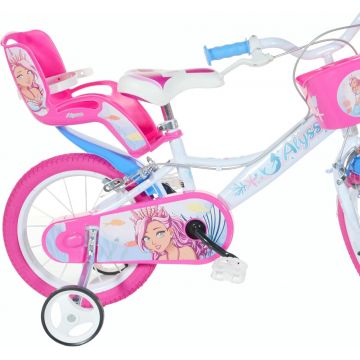 Bicicleta pentru copii Dino Bikes Alyssa 5-8 ani, roti 16 inch, roti ajutatoare, aparatori pentru lant si roti, cosulet pentru papusi si accesorii