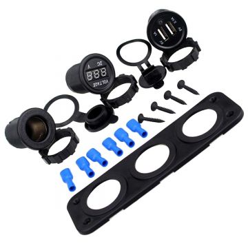 Priza de Bricheta Universala, etansa, cu Voltmetru si incarcare 2 x USB, pentru vehicule offroad Priza de Bricheta Universala, etansa, cu Voltmetru si incarcare 2 x USB, pentru vehicule offroad