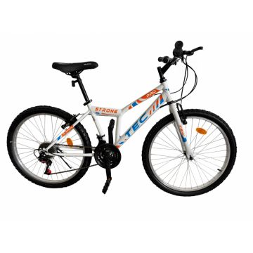 Bicicleta MTB Tec Strong, culoare alb portocaliu albastru, roata 24  , cadru din otel Bicicleta MTB Tec Strong, culoare alb portocaliu albastru, roata 24  , cadru din otel