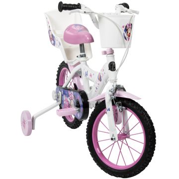 Bicicleta copii Huffy Minnie 14 inch, roti ajutatoare si cosulet, pentru copii cu varsta intre 4 si 6 ani sau cu inaltimea pana la 110 cm, frana de mana pe ambele roti, anvelope cu profil gros, scaun reglabil