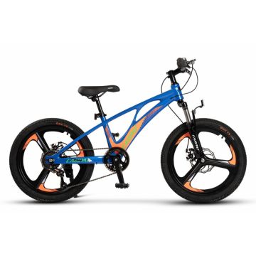 Bicicleta pentru copii Mountain Bike Carpat AlbastruPortocaliu 20 inch, schimbator spate Gilong 7 viteze, schimbator fata rotativ, frana disc fataspate, cadru aluminiu, furca supensie, roti 3 spite magneziu
