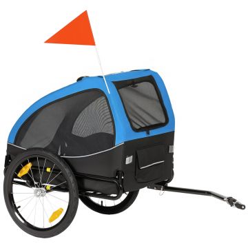 PawHut Remorcă pliabilă pentru câini cu reflectoare, ferestre din plasă, roți, ușă, steguleț de siguranță pentru câini până la 20 kg 138x70x89 cm Albastru | Aosom Romania