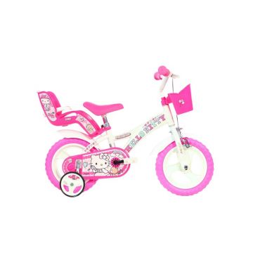 Bicicleta copii, Dino Bikes, Hello Kitty, Roti ajutatoare, Cosulet frontal, Scaunel pentru papusi, 12 inch, Cadru din otel, Pana la 110 cm, White