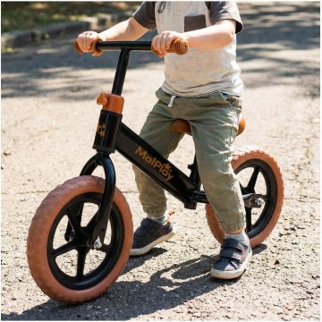 Bicicleta de echilibru fara pedale, cu Ghidonul si Saua ergonomica reglabile in inaltime, roti de 12 inch din spuma EVA si manere anti-alunecare BlackBrown