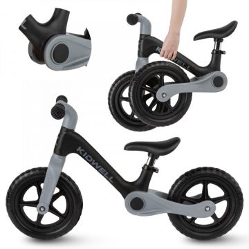 Bicicleta de echilibru fara pedale pentru copii, pliabila, Kidwell Flex Black, ultra usoara 2.9 kg, roti EVA 29 cm, reglabila, 80-120 cm, maxim 30 kg