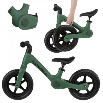 Bicicleta de echilibru fara pedale pentru copii, pliabila, Kidwell Flex Green, ultra usoara 2.9 kg, roti EVA 29 cm, reglabila, 80-120 cm, maxim 30 kg
