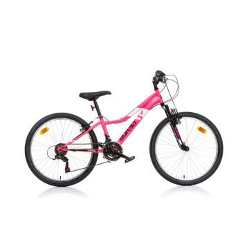 Bicicleta, Dino Bikes, Mountain Bike, Ring Pink, Cu 6 viteze si suspensie, 24 inch, Peste 130 cm