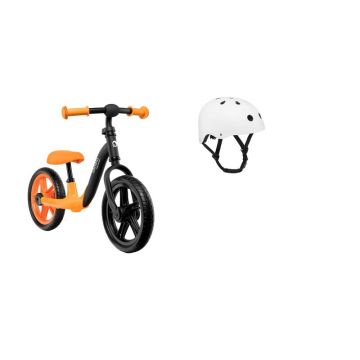 Bicicleta fara pedale, Lionelo, Alex, Usoara, Cu ghidon si sa reglabile, Greutate 3.3 Kg, Cu roti din spuma EVA, 12 inch, Portocaliu + Casca pentru copii, Reglabila 50-56 cm, Alb