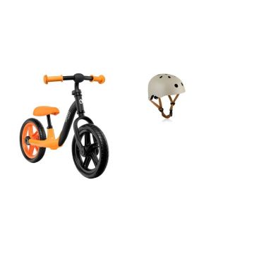 Bicicleta fara pedale, Lionelo, Alex, Usoara, Cu ghidon si sa reglabile, Greutate 3.3 Kg, Cu roti din spuma EVA, 12 inch, Portocaliu + Casca pentru copii, Reglabila 50-56 cm, Bej