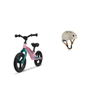 Bicicleta fara pedale, Lionelo, Bart Tour, Usoara, Cu cadru din magneziu, 3.3 Kg, 12 inch, Bubblegum + Casca pentru copii, Reglabila 50-56 cm, Bej