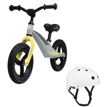 Bicicleta fara pedale, Lionelo, Bart Tour, Usoara, Cu cadru din magneziu, 3.3 Kg, 12 inch, Gri + Casca pentru copii, Reglabila 50-56 cm, Alb