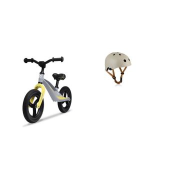 Bicicleta fara pedale, Lionelo, Bart Tour, Usoara, Cu cadru din magneziu, 3.3 Kg, 12 inch, Gri + Casca pentru copii, Reglabila 50-56 cm, Bej