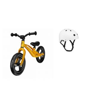 Bicicleta fara pedale, Lionelo, Bart, Usoara, Cu cadru din magneziu, Cu ghidon si sa reglabile, Greutate 3 Kg, 12 inch, Auriu + Casca pentru copii, Reglabila 50-56 cm, Alb