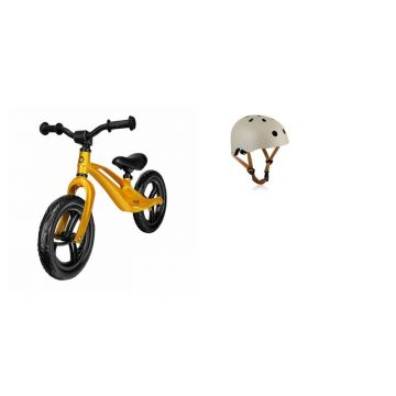 Bicicleta fara pedale, Lionelo, Bart, Usoara, Cu cadru din magneziu, Cu ghidon si sa reglabile, Greutate 3 Kg, 12 inch, Auriu + Casca pentru copii, Reglabila 50-56 cm, Bej