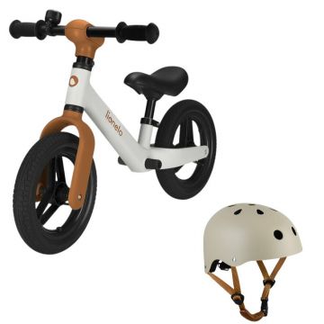 Bicicleta fara pedale, Lionelo, Toni, Cu ghidon si sa reglabile, Ultra usoara, 2.8 Kg, 18 luni+, Sustine 30 kg, Bej + Casca pentru copii, Reglabila 50-56 cm, Bej