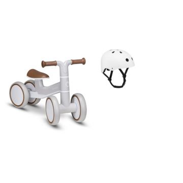 Bicicleta fara pedale, Lionelo, Villy, Cu 4 roti, Din spuma EVA si TPR, Stabila, Manere moi, antiderapante, 12- 36 luni, Sustine pana la 30 kg, Bej + Casca pentru copii, Reglabila 50-56 cm, Alb