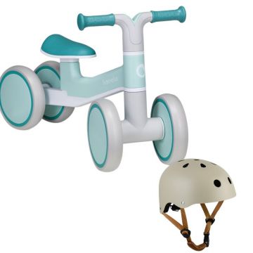 Bicicleta fara pedale, Lionelo, Villy, Cu 4 roti, Din spuma EVA si TPR, Stabila, Manere moi, antiderapante, 12- 36 luni, Sustine pana la 30 kg, Turcoaz + Casca pentru copii, Reglabila 50-56 cm, Bej