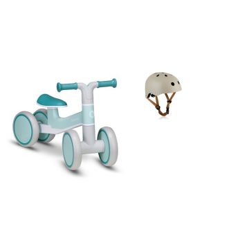 Bicicleta fara pedale, Lionelo, Villy, Cu 4 roti, Din spuma EVA si TPR, Stabila, Manere moi, antiderapante, 12- 36 luni, Sustine pana la 30 kg, Turcoaz + Casca pentru copii, Reglabila 50-56 cm, Bej