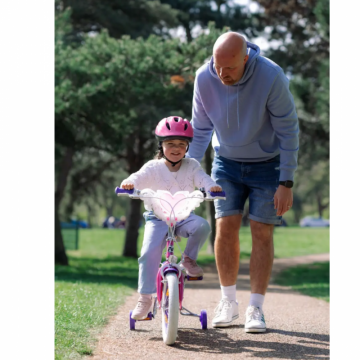 Bicicleta pentru copii Huffy Princess, 14 inch, cu roti ajutatoare, claxon, cosulet, varsta 4-6 ani, inaltimea 105-117 cm, scaun si ghidon reglabile pe inaltime, anvelope cu profil gros